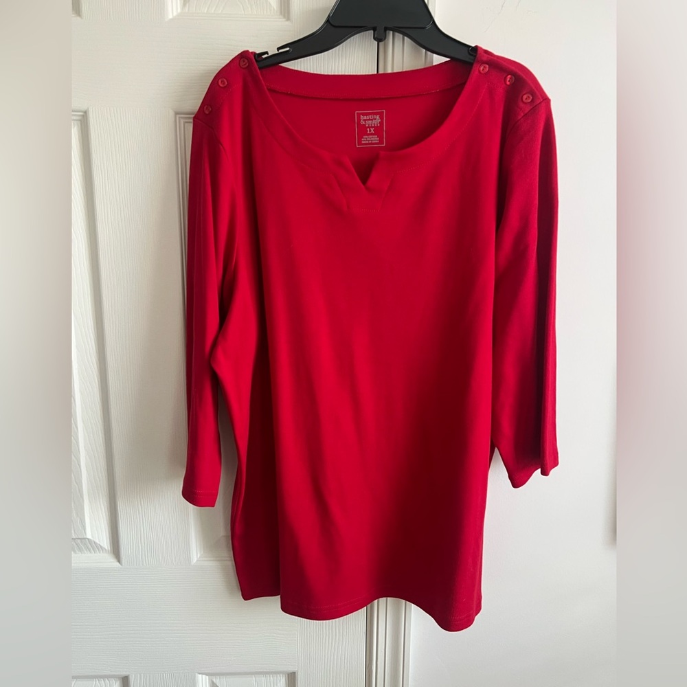 Hasting & Smith Red Boatneck Button-Shoulder Women's Top 1X